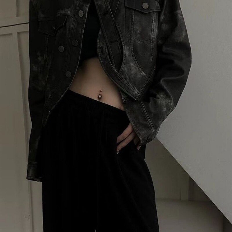 Chaqueta de cuero de cintura alta para mujer, traje de motocicleta versátil de moda, estilo Wasteland, Otoño, 2024