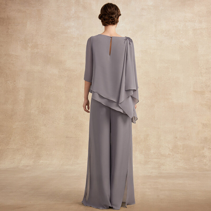 AIOVO Plus Size Mãe da Noiva Terno de calças de duas peças frisadas Soft Chiffon Outfit Conjuntos para casamento Guest Evening Party Gowns
