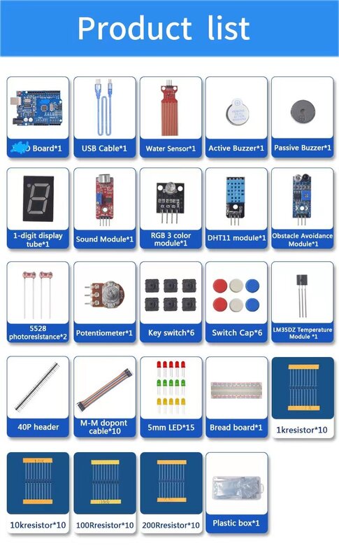 Básico Starter Kit para Arduino Uno, Suprimentos de Componentes Eletrônicos, Placa R3, Breadboard, Kit Eletrônico DIY