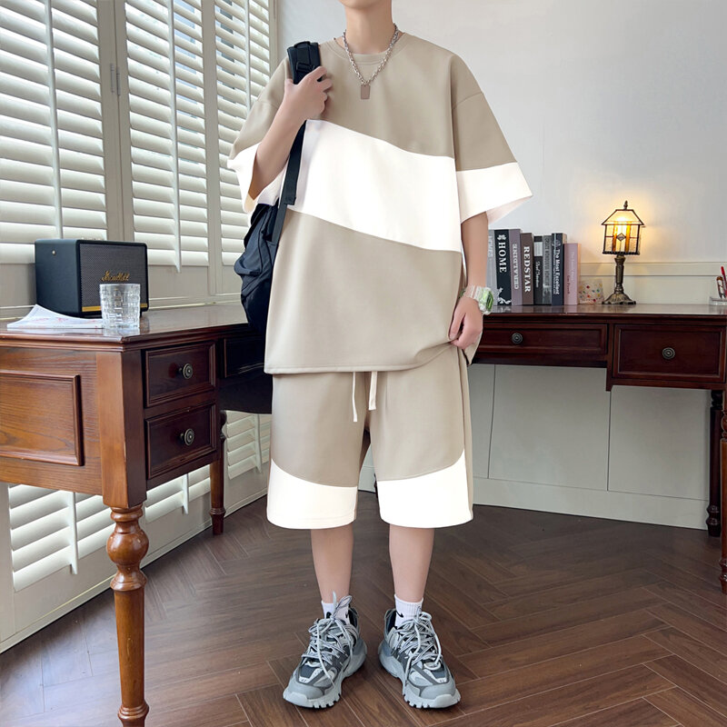 Костюм спортивный мужской в стиле пэчворк, Повседневная дышащая футболка и шорты, комплект из 2 предметов, уличная одежда в Корейском стиле, лето