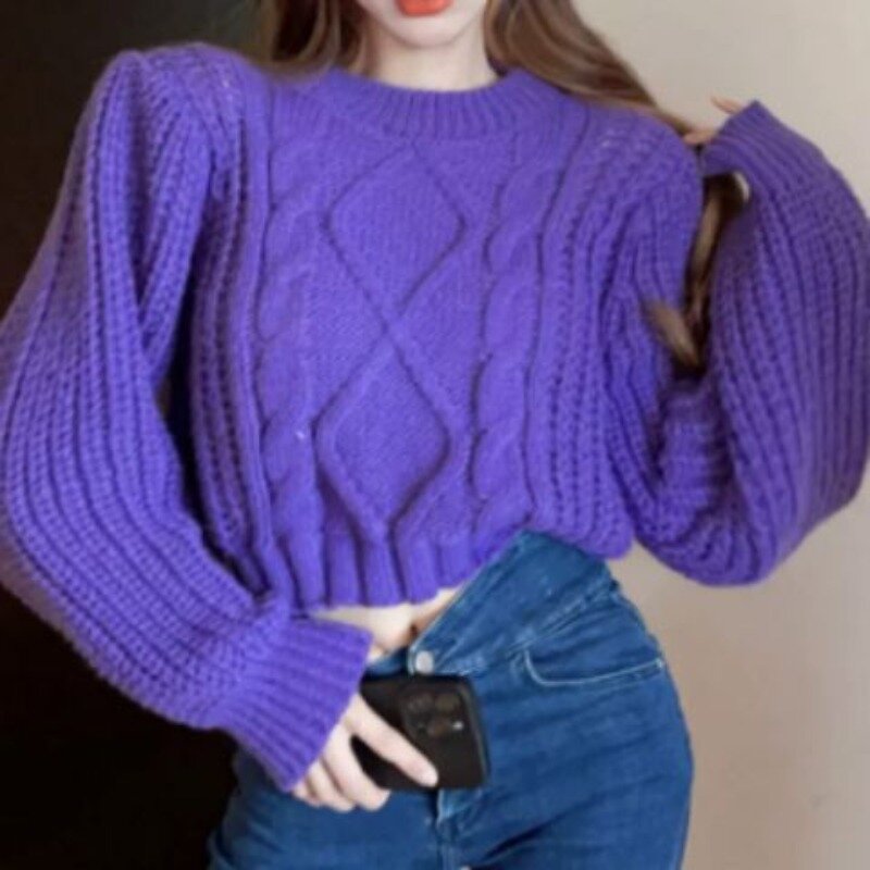 Vintage kurze Pullover Frauen O-Ausschnitt gestrickt lässig neue Herbst Winter Twist solide All-Match Streetwear schicke weibliche Ulzzang