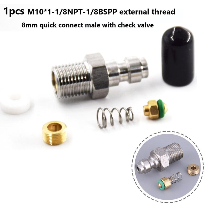 Conector macho de válvula de conexión rápida, rosca macho de 8mm, llenado PCP con válvula M10 x 1 1/8NPT 1/8BSPP (opcional) para bomba de alta presión