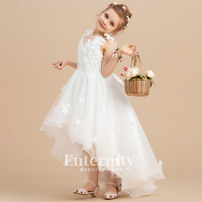 Vestidos Flower Girl com decote em v para meninas, vestido de baile assimétrico, tule e miçangas, elegantes vestidos de casamento