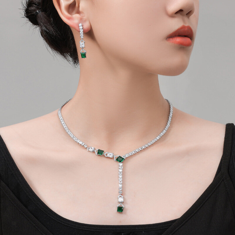 1Set Simple Square Claw Chain Synthetic Zircon Necklace Women's Pendant Sexy Lady Pendant And Earrings Set