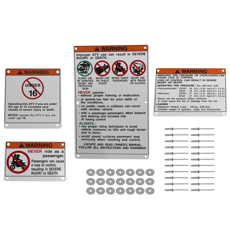 For Yamaha Warning Decals Stickers Labels Aluminum Backed Raptor Blaster Banshee