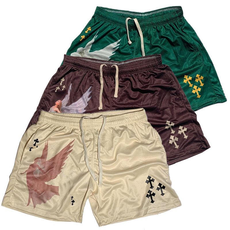 Homens com padrão cruz de anjo impressão 3D Shorts esportivos com bolsos, moda casual, Y2K