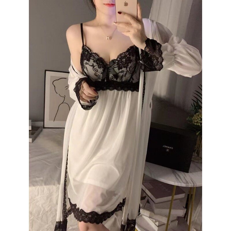 Pajamas Female Spring and Summer Long Sleeve Sex Appeal Loungewear Night Gown Two-piece Bra Pad Sexy Sleepwear