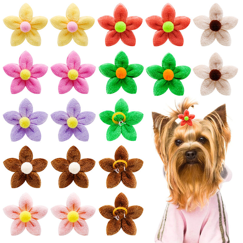 100PCS Pet Dog Hair Bow Dogs Headwear Cotton Flower Shape Grooming Wholesale Rubber Bands Dog Accessories for Small Dog Headwear