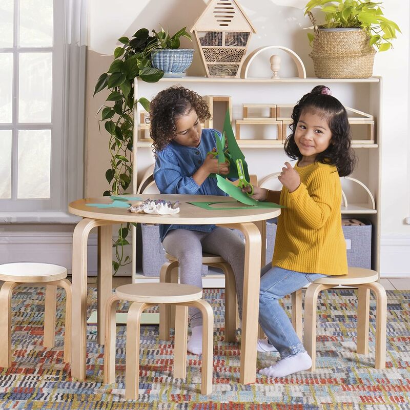 Set furnitur anak bangku kayu susun putih anak-anak Set furnitur anak dengan kayu melengkung