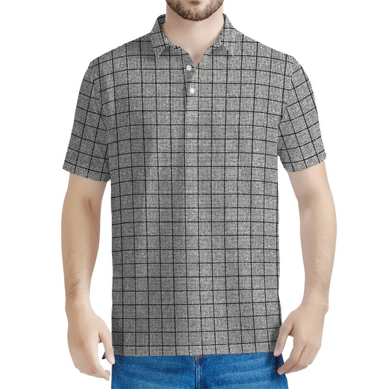 Kaus Polo pria motif kotak-kotak, atasan kaus kerah Lapel, lengan pendek, ukuran besar, jalanan, musim panas, kaus kotak-kotak cetak 3D untuk pria
