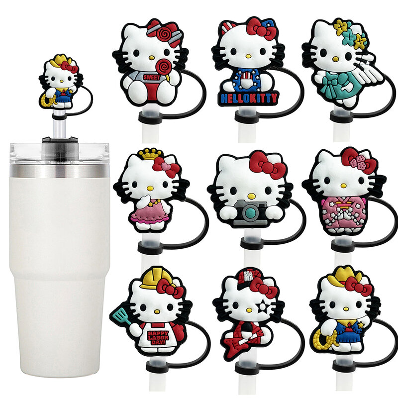 1-9PCS Hello Kitty Straw Cover Cap Cartoon 10MM Drink Straw Plug Reusable Splash Proof Drinking Fit Cup Straw Cap Charms Pendant