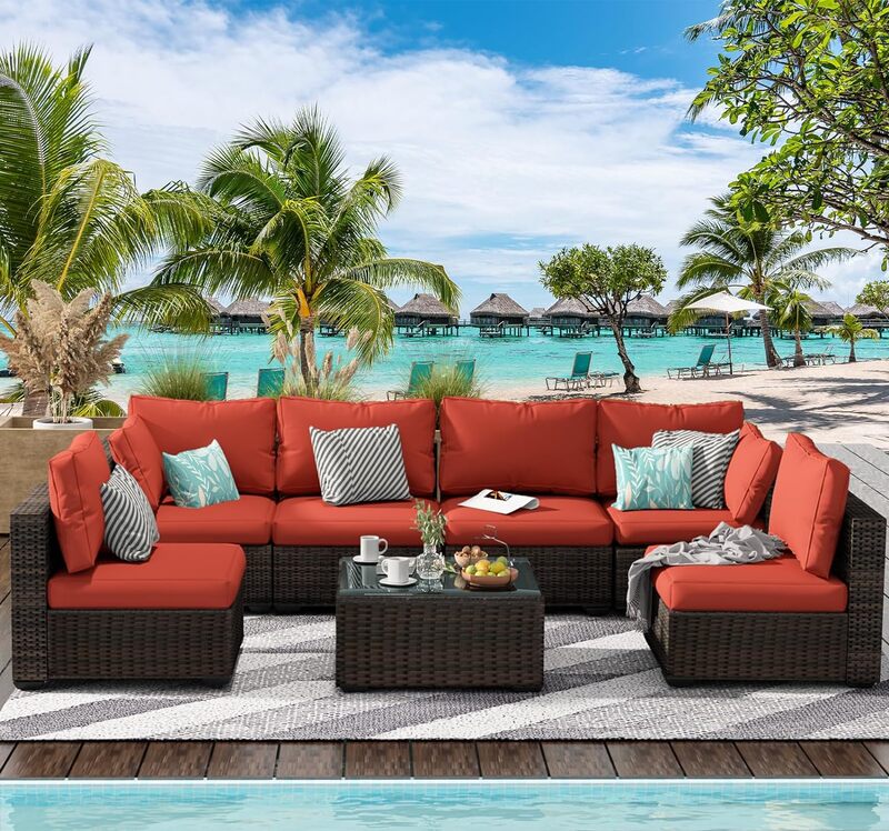 Patio Furniture Set, All Weather Outdoor Sectional PE Rattan, Patio Conversation Sets with Cushions and Glass Coffee Table