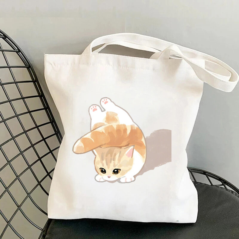 Bolso de hombro con estampado de gato de dibujos animados para mujer, bolsa de lona de gran capacidad, organizador informal, compras, supermercado