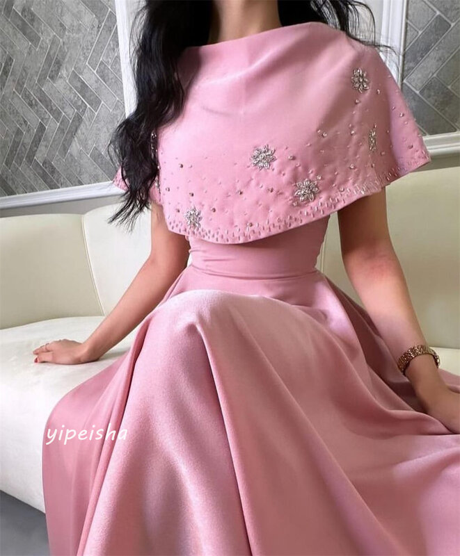 Jersey Sequined Flower Beading Ruched Evening A-line O-Neck Bespoke Occasion Gown Midi Dresses