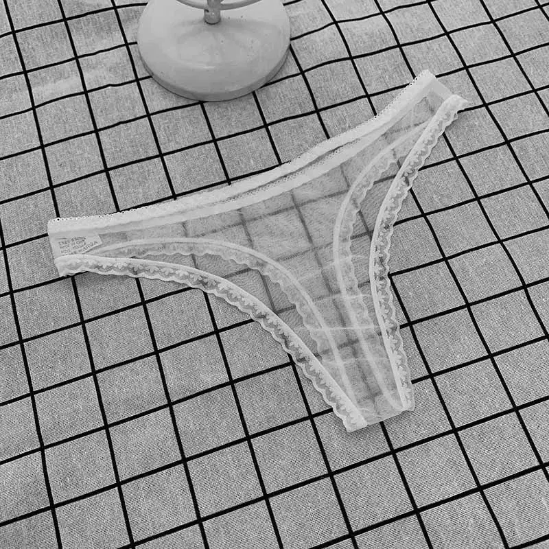 Sexy transparente calcinha tanga de renda para mulheres, ver através da crotch, fundo de malha, sem costura, baixo crescimento t-calças, roupa interior