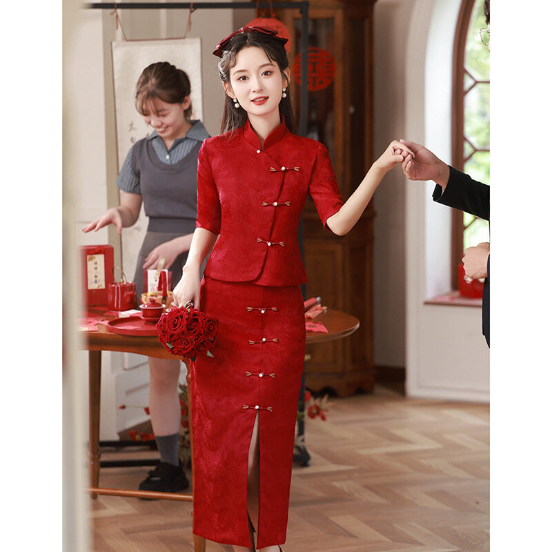 Женское жаккардовое платье-Ципао Xiuhe, элегантный жаккардовый Свадебный комплект в китайском стиле, длинное винтажное платье для невесты