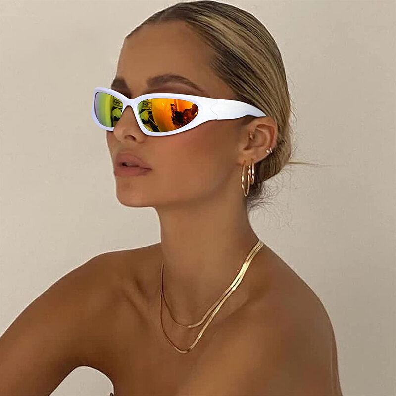 Fashion Wrap Around Cyber Y2K Sunglasses Women Silver Oval Shades Sports Cycling Sun Glasses Aesthetic Eyewear for Men Outdoor