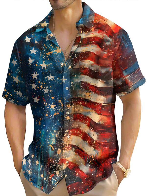 미국 국기 패턴 셔츠 남성용, 미국 셔츠, 독립 기념일 블라우스, 여름 캐주얼 반팔 상의, 오버사이즈 셔츠