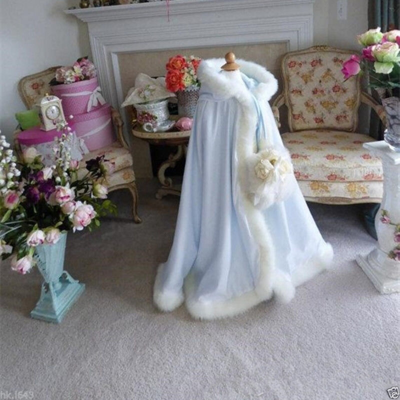 Anak-anak Musim Dingin Cantik Pengantin Pernikahan Jaket Panjang Putih Jubah Pembungkus untuk Kustom Berkerudung Jubah Bulu Bungkus Merah Cape