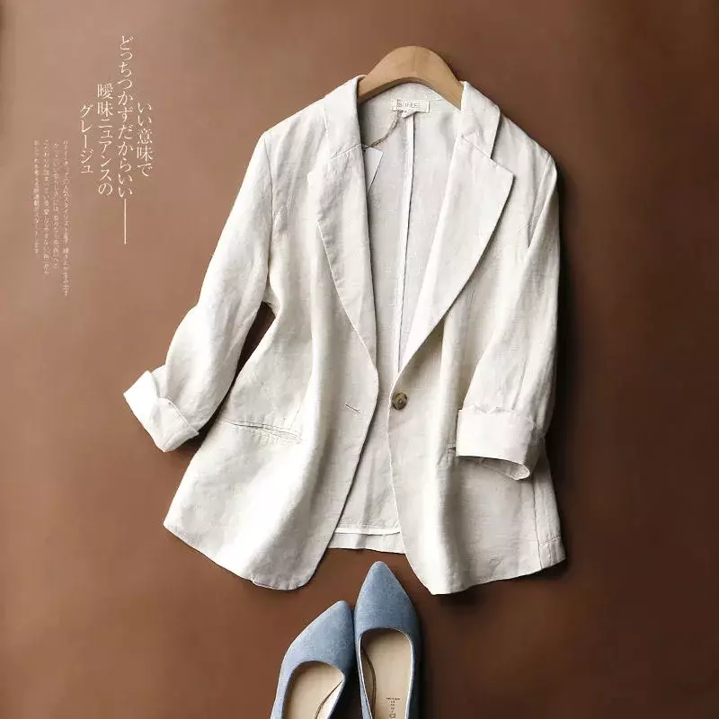 Blazer de terno de botão único feminino, jaqueta básica de linho e algodão, casaco curto casual, moda coreana, primavera, 2022