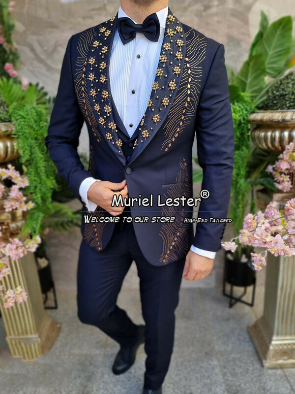 Navy Blue Wedding Suits For Men Golden Beaded Jacket Vest Pants 3 Pieces Formal Groom Tuxedos Custom Made Business Party Dress