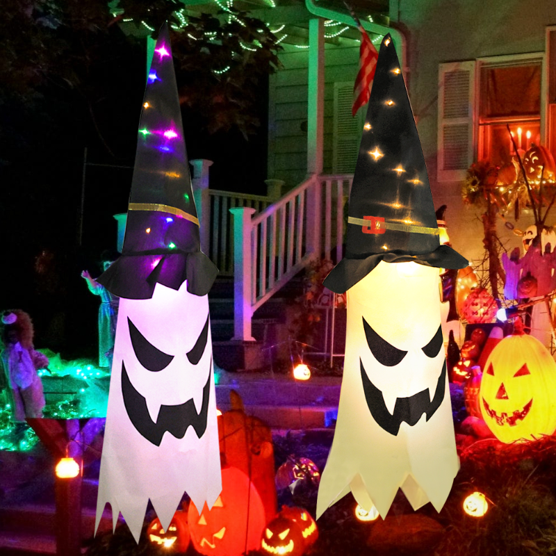 Halloween Glowing Witch Hat com luzes LED, adereços decorativos fantasma, luzes do tema, decorações penduradas ao ar livre