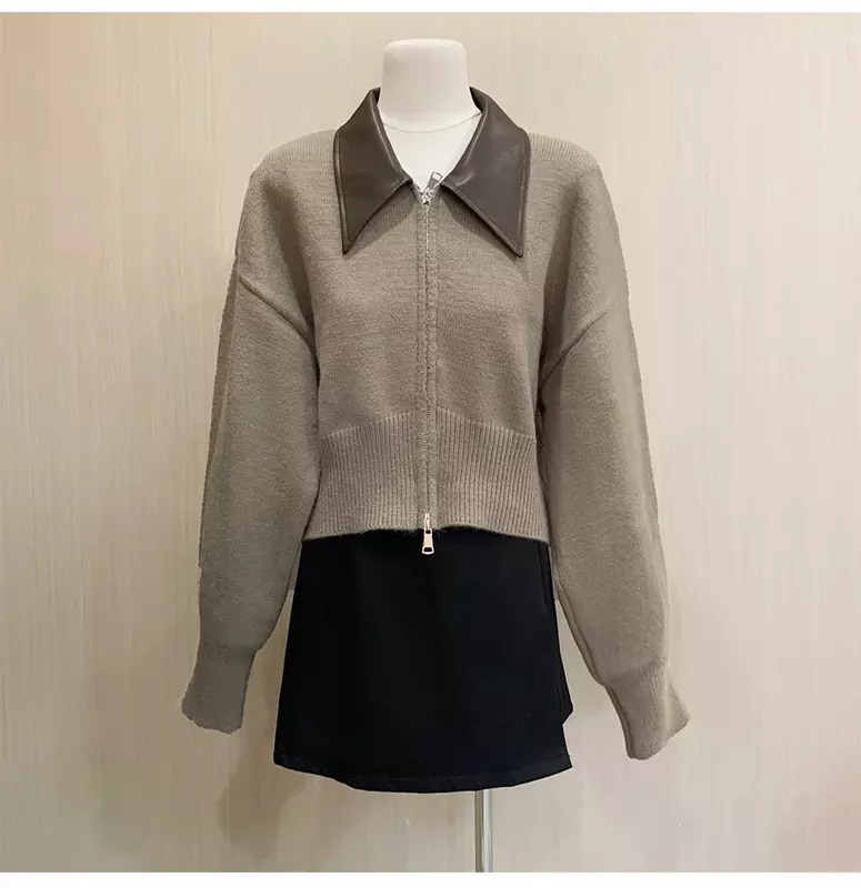 Korean Style Female Sweater Long Sleeve Pu Leather Turn-down Collar Patchwork Double Zipper Fly Women's Knitted Jacket Lady Coat