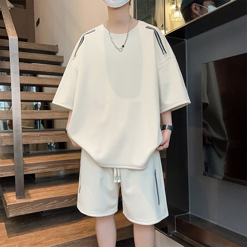 Summer 2024 New Korean Fashion Streetwear Hip Hop Casual Short Tshirt 2 Piece Set Summer Tracksuit Men Harajuku Oversize Tee