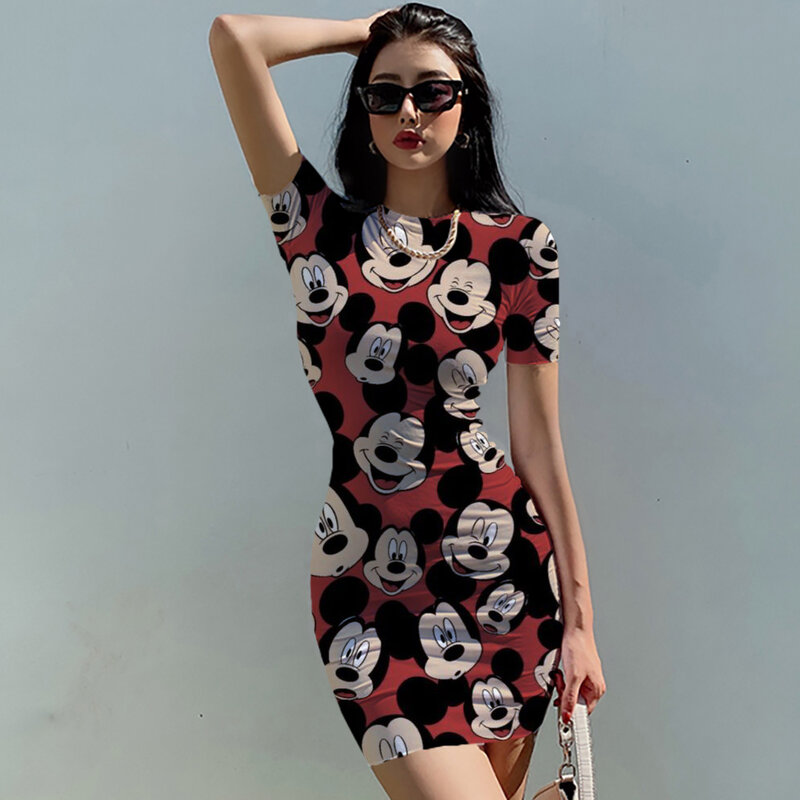 New Summer Women Skinny Bodycon Dress Clothing Disney Minnie Mouse Women Casual Girls Party Dresses Sexy Maxi Cartoon Print 2023