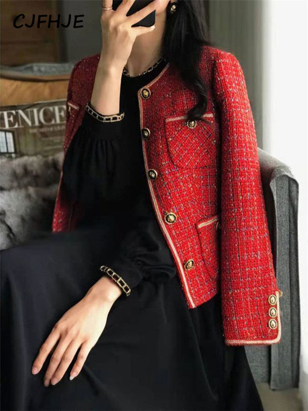 CJFHJE czerwone tweedowe blezery damskie nowe jesienno-zimowe luźne jednorzędowy garnitur z okrągłym dekoltem damskie koreańskie eleganckie płaszcze damskie