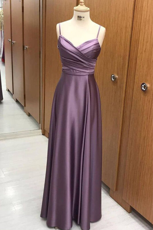 2024 Women's V-Neck Satin Spaghetti Strap Prom Dress Pleated Slit Ball Gowns Backless Lace-up Floor-Length Formal Evening Dress