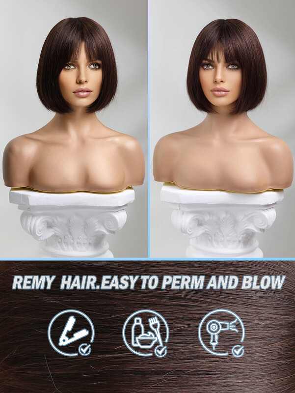 HAIRCUBE prosto Bob ludzki włos peruka dla kobiet naturalne krótkie peruki z grzywką maszyna wykonana żaroodporne ciemnobrązowe włosy Remy