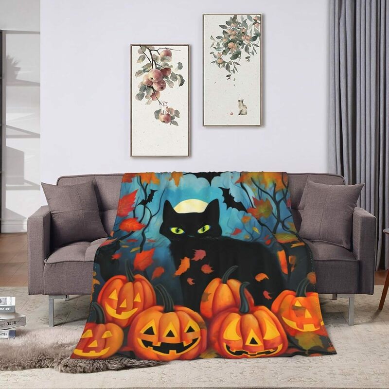 Zwarte Kattendeken Elegant, Comfortabel, Lichtgewicht Bedrukte Deken, Comfortabele Pluche Decoratieve Deken, Halloween Deken