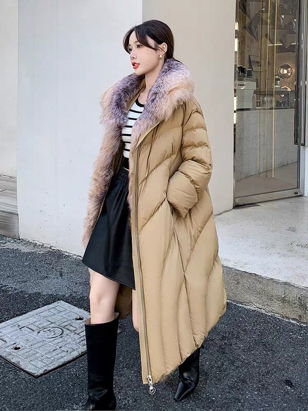 Abrigo largo con cuello de piel de zorro plateado para mujer, chaqueta de plumas de ganso Natural Real, ropa de calle femenina, abrigo de piel de zorro, moda de invierno