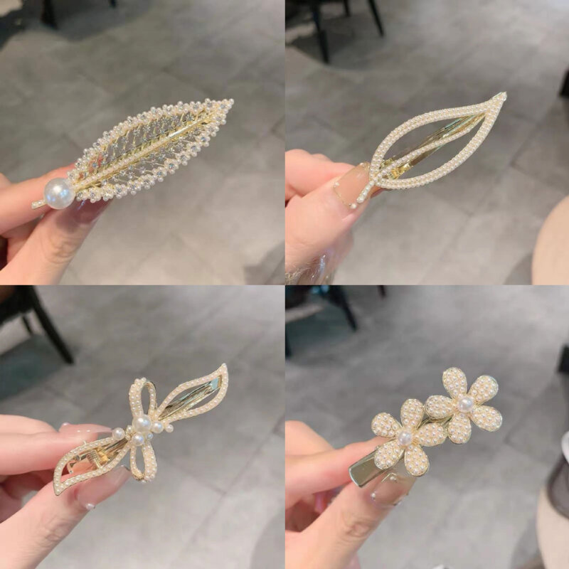 Clip a becco d'anatra con foglia di strass nuova di lusso 2022 Clip per bordo temperamento coreano per accessori per capelli copricapo con forcina di perle da donna