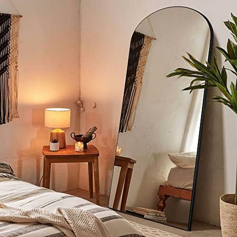 71"x28" Arched Wooden Thin Fram Full Body Mirror with Stand Bedroom Mediterranean Style Explosion-Proof Wall Hanging 