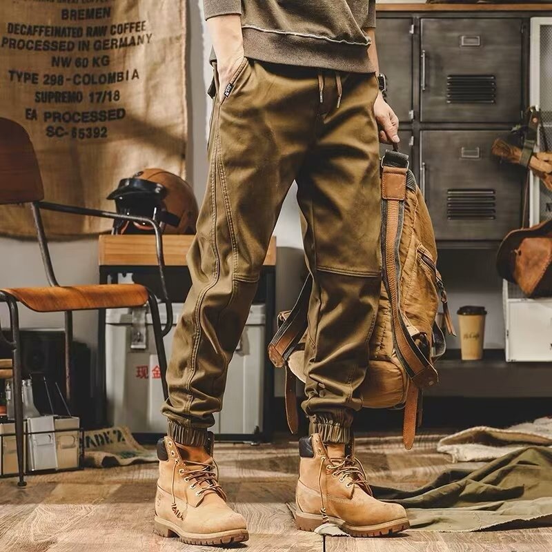 Винтажные свободные рабочие брюки для мужчин, модель 2024 года, весенние повседневные джинсы, однотонные дизайнерские брюки с ремешком на щиколотке