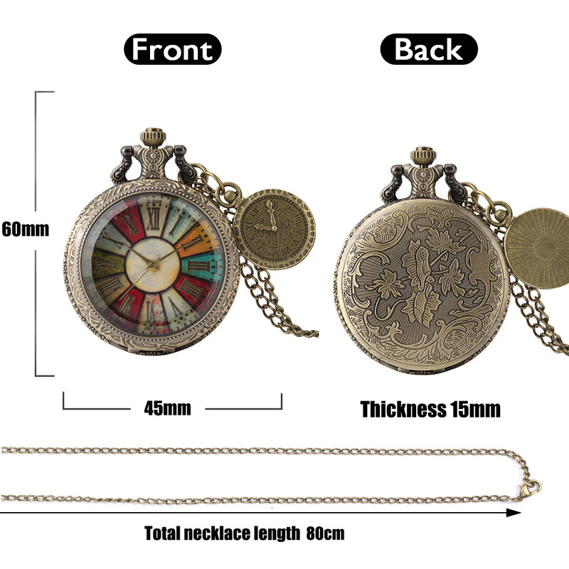 Casing Kaca Transparan Warna-warni Angka Romawi Dial Kalung Analog Jam Tangan Saku Kuarsa Jimat untuk Pria Wanita dengan Aksesori
