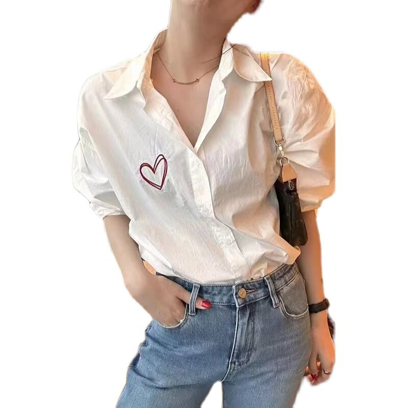 Fashionable Love Embroidered White Shirt for Women's Spring New Long Sleeved Design, Loose and Versatile Casual Shirts