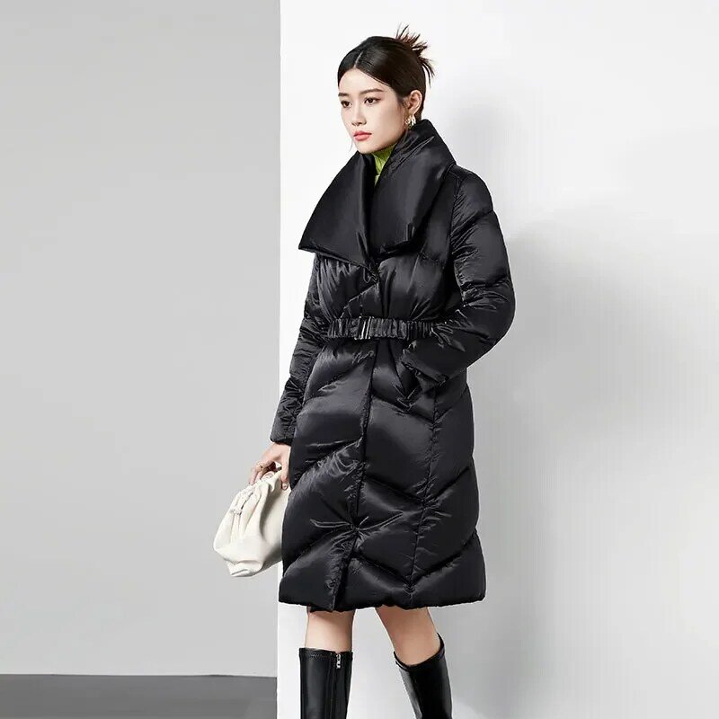 Midi Length Down Jacket for Women, Warm Coats, 90% Duck Down, Turn-down Collar, Waist Lace-up, Bright Fabric, Winter
