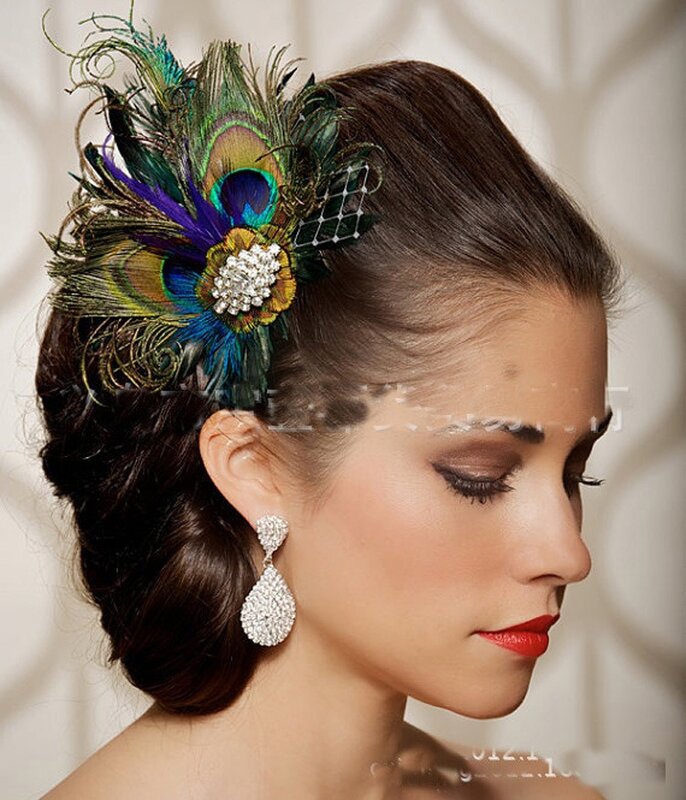 Pinza de pelo de plumas de pavo real con diamantes de imitación, accesorios para el cabello Vintage para Boda nupcial