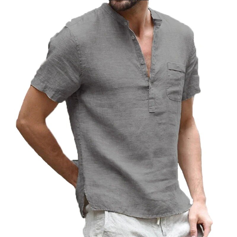 S-3XL!2024 Nowa moda Bawełniane lniane koszule męskie z krótkim rękawem i kołnierzykiem w kształcie litery V Oddychająca męska koszulka Odzież męska