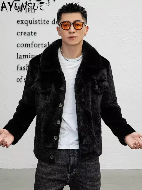 AYUNSUE Natural Mink Fur Jackets for Men 2023 Winter Luxury High Quality Mink Real Fur Coat Turn Down Collar Black Fur Jacket