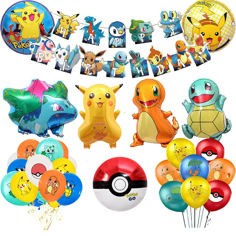 TAKARA TOM-Décoration de fête d'anniversaire Pokemon, jeu de dessin animé, ballon, bannière, arrière-plan, ustensiles de cuisine, fournitures de fête préChristophe