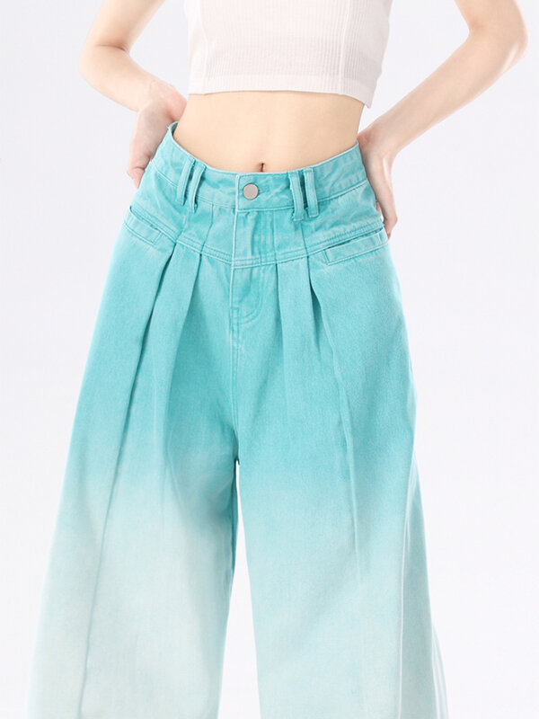 Celana pinggang tinggi wanita Mint MAMBO, celana Denim panjang kaki lebar antik dicuci 2024, celana Jeans mode jalanan tinggi modis