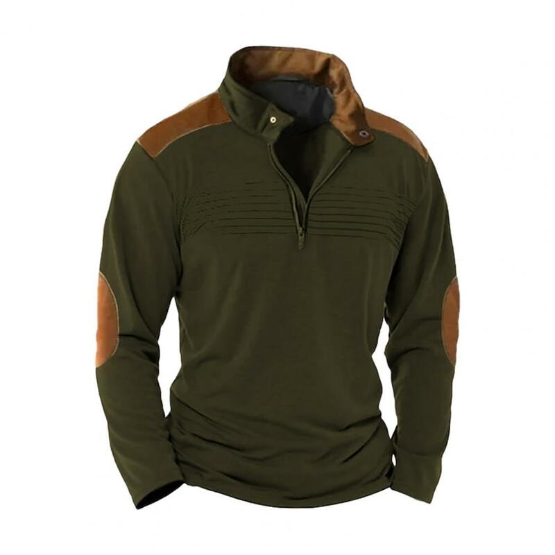 Camisola de zíper retrô masculina, gola gola, patchwork de correspondência de cores, tecido macio respirável, top outono