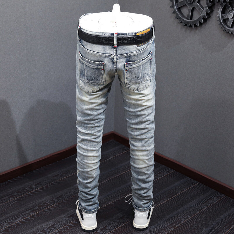 Jins Pria Mode jalan, Jeans Retro biru muda polos dicuci elastis Slim Fit robek celana Vintage desainer tambalan pria Hombre