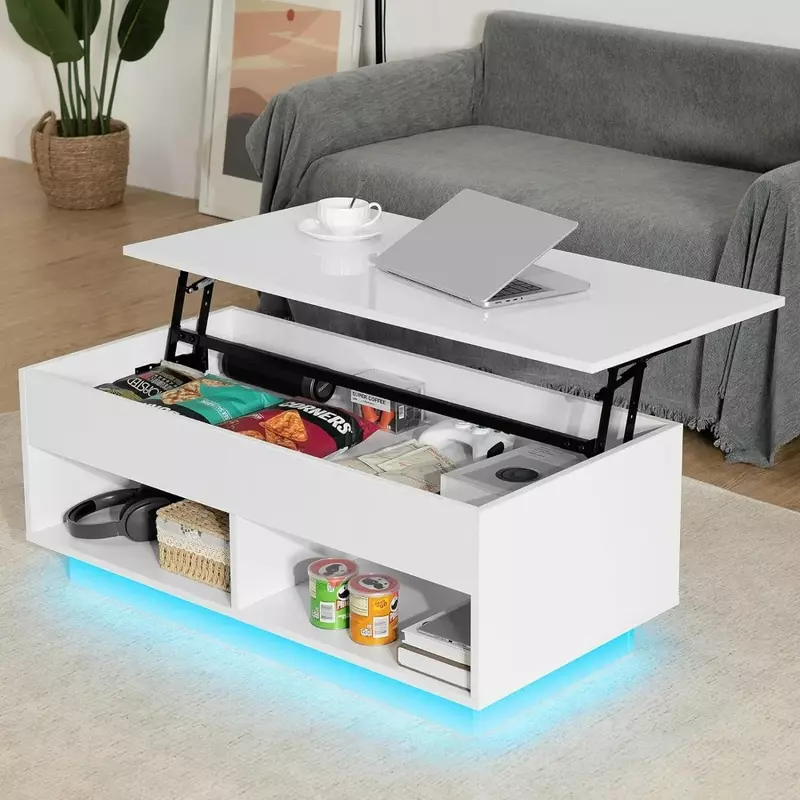 Coffee Table with Hidden Storage LED, High Gloss White 3 Tiers Tea Tables with Storage Center Tables, Coffees Table