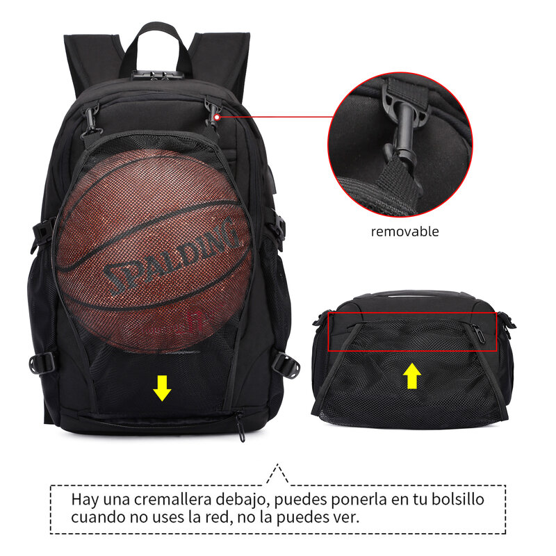 Mochila impermeável neutra com bloqueio anti-roubo senha, faixa reflexiva, basquete net bolso, USB e interface de auscultadores