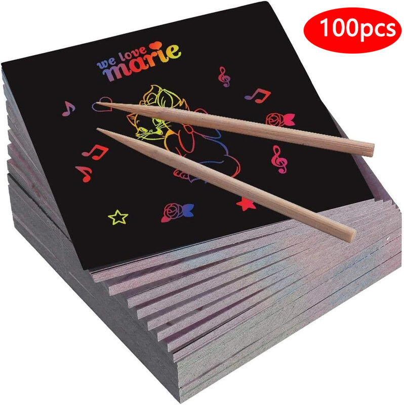 Juego de notas adhesivas mágicas de arcoíris para niños, 100/5 piezas, Kits de arte para rascar negro, almohadilla, plantilla de dibujo, juguetes de pintura